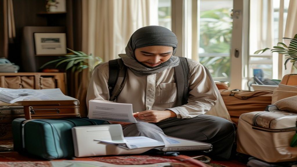 Ilustrasi daftar persyaratan umroh lengkap termasuk paspor, visa, vaksin, dan tiket pesawat
