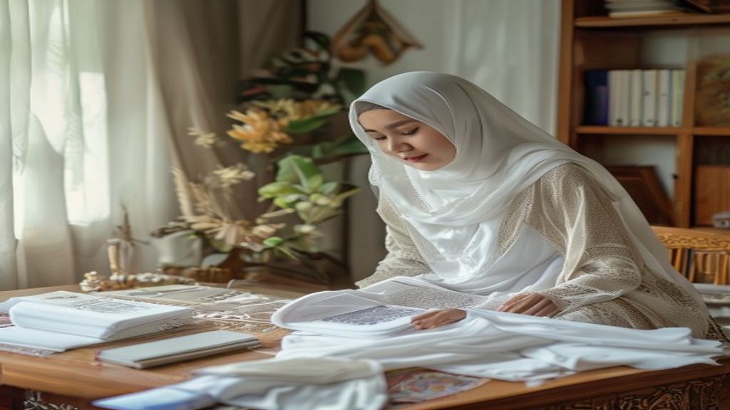 Ilustrasi daftar persyaratan umroh khusus wanita, termasuk hijab, surat izin, dan vaksinasi kesehatan.