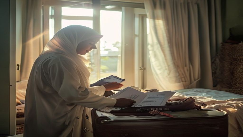 Ilustrasi yang menampilkan poin‑poin utama syarat umroh, termasuk paspor, visa, vaksin, dan persiapan keagamaan.
