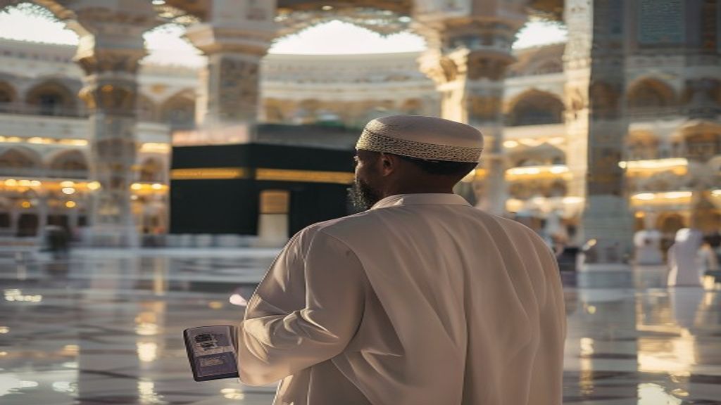 Ilustrasi rukun dan syarat umroh lengkap, termasuk niat, ihram, tawaf, sa'i, dan persiapan dokumen.