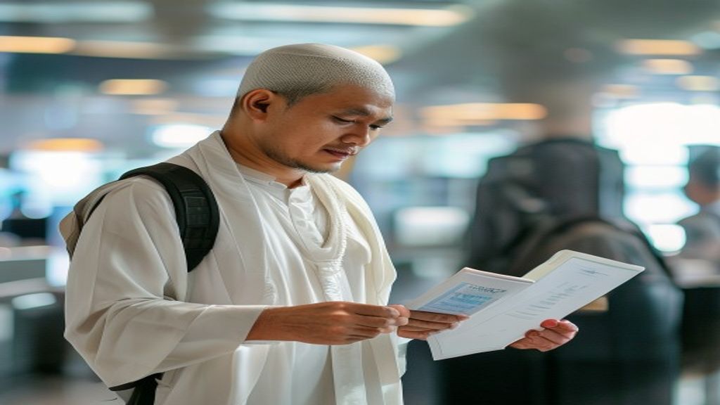 Ilustrasi syarat-syarat umroh mencakup paspor, visa, vaksin, tiket perjalanan, dan dokumen kesehatan.