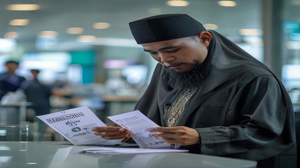 Ilustrasi persyaratan umroh meliputi paspor, visa, vaksin, dan persiapan keuangan.