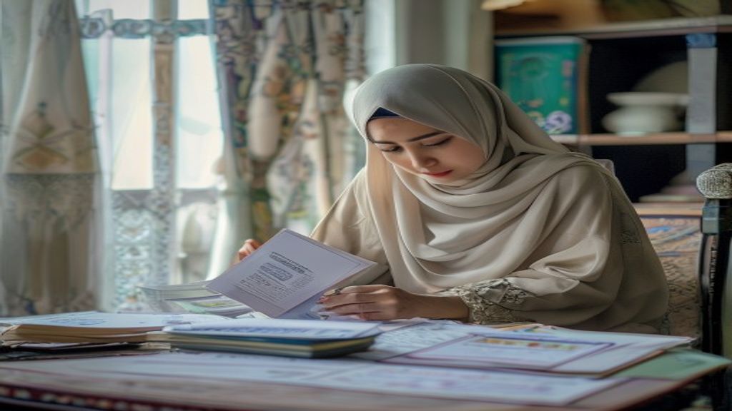 Wanita mempersiapkan dokumen dan pakaian ihram sesuai syarat umroh, termasuk paspor, visa, dan sertifikat kesehatan