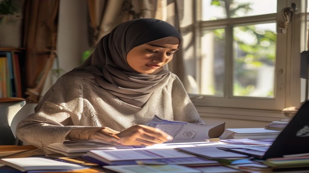 Wanita beribadah umroh dengan menyiapkan paspor, visa, tiket, serta pakaian ihram lengkap sesuai syarat.