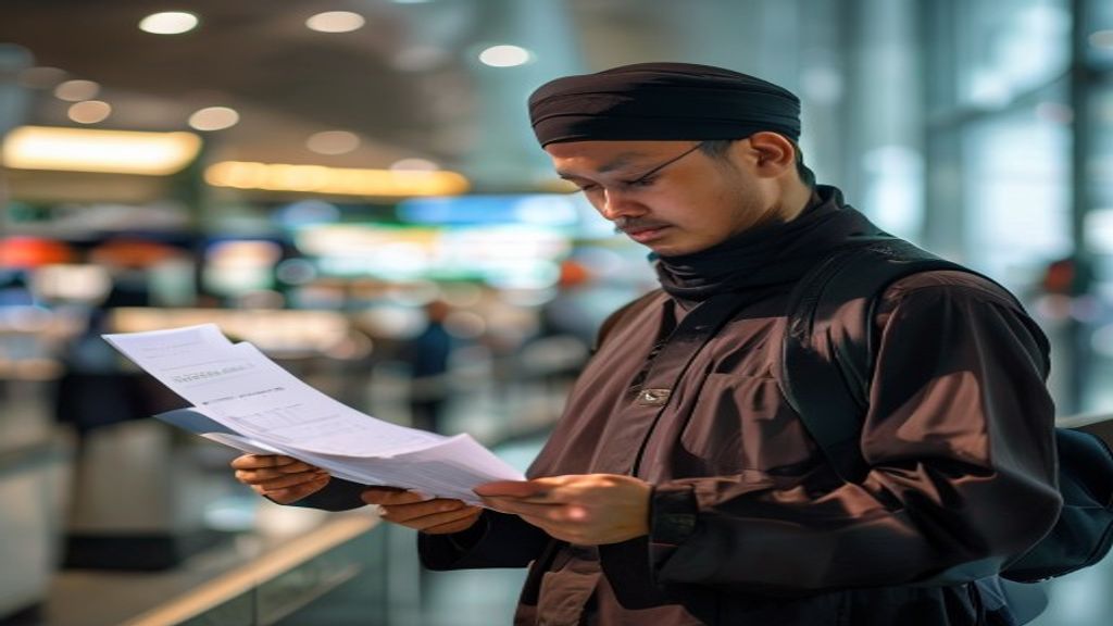 Ilustrasi syarat umroh mandiri meliputi paspor, visa, tiket, dan persiapan kesehatan lengkap